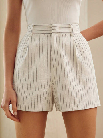 MOTF PREMIUM LINEN STRIPED PRINT SLANT POCKET FOLD PLEATED SHORTS