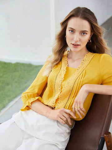 MOTF PREMIUM LINEN VISCOSE LACE DETAIL BLOUSE