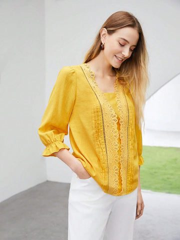 MOTF PREMIUM LINEN VISCOSE LACE DETAIL BLOUSE