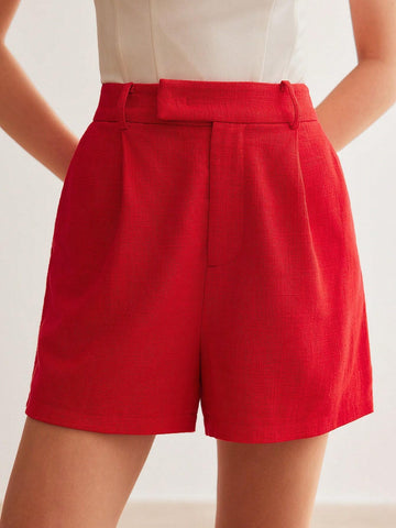 MOTF PREMIUM LINEN WOVEN WOMEN'S PLAIN COLOR SHORTS WITH SLANTED POCKETS