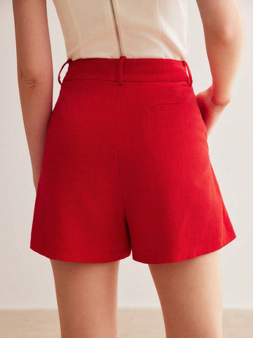 MOTF PREMIUM LINEN WOVEN WOMEN'S PLAIN COLOR SHORTS WITH SLANTED POCKETS