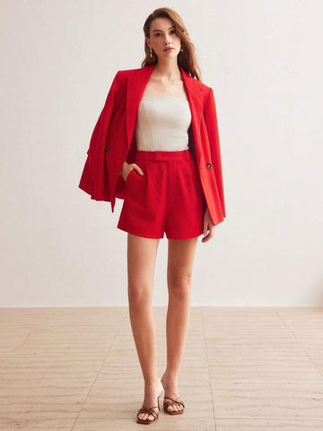 MOTF PREMIUM LINEN WOVEN WOMEN'S PLAIN COLOR SHORTS WITH SLANTED POCKETS