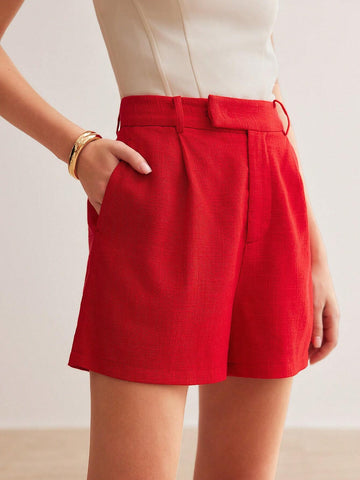 MOTF PREMIUM LINEN WOVEN WOMEN'S PLAIN COLOR SHORTS WITH SLANTED POCKETS