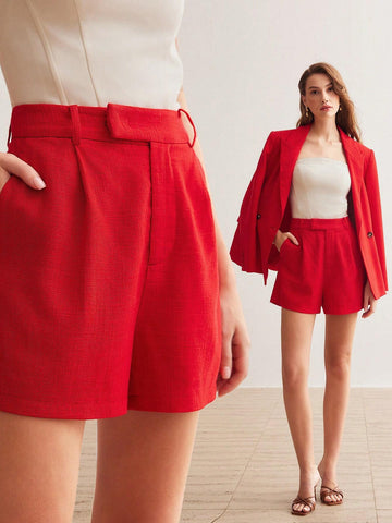 MOTF PREMIUM LINEN WOVEN WOMEN'S PLAIN COLOR SHORTS WITH SLANTED POCKETS
