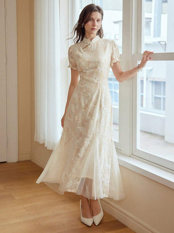 MOTF PREMIUM MANDARIN COLLAR EMBROIDERY PLANTS PATTERN MESH GODET HEM JACQUARD DRESS