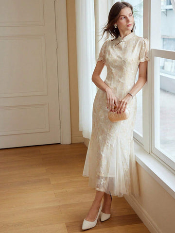 MOTF PREMIUM MANDARIN COLLAR EMBROIDERY PLANTS PATTERN MESH GODET HEM JACQUARD DRESS