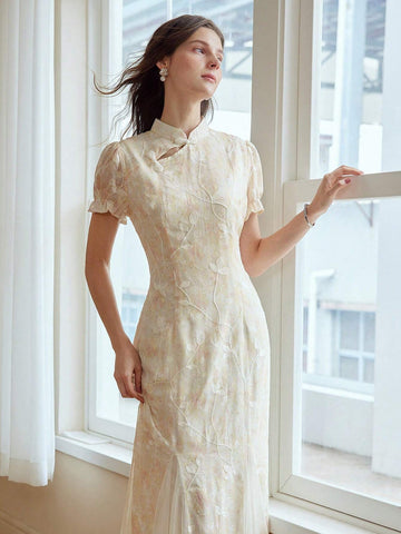 MOTF PREMIUM MANDARIN COLLAR EMBROIDERY PLANTS PATTERN MESH GODET HEM JACQUARD DRESS