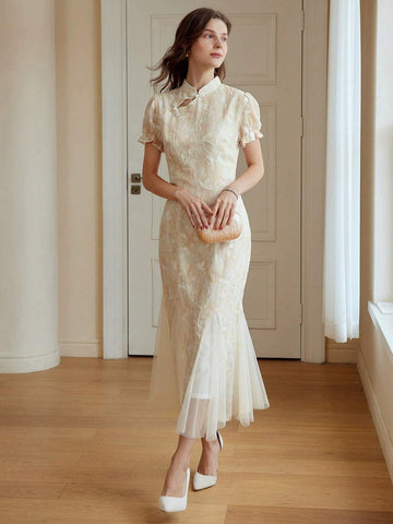 MOTF PREMIUM MANDARIN COLLAR EMBROIDERY PLANTS PATTERN MESH GODET HEM JACQUARD DRESS
