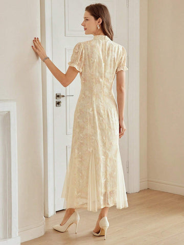 MOTF PREMIUM MANDARIN COLLAR EMBROIDERY PLANTS PATTERN MESH GODET HEM JACQUARD DRESS