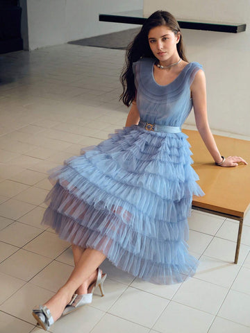 MOTF PREMIUM MESH OVERLAY LAYERED RUFFLE HEM BELTED DRESS