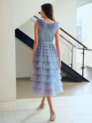 MOTF PREMIUM MESH OVERLAY LAYERED RUFFLE HEM BELTED DRESS