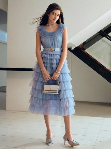 MOTF PREMIUM MESH OVERLAY LAYERED RUFFLE HEM BELTED DRESS