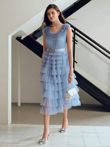 MOTF PREMIUM MESH OVERLAY LAYERED RUFFLE HEM BELTED DRESS