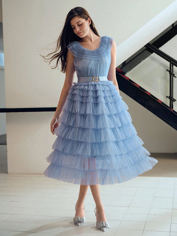 MOTF PREMIUM MESH OVERLAY LAYERED RUFFLE HEM BELTED DRESS