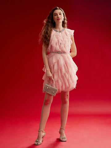 MOTF PREMIUM MESH RUFFLE TRIM CAP SLEEVE DRESS,VALENTINE'S DAY OUTFIT