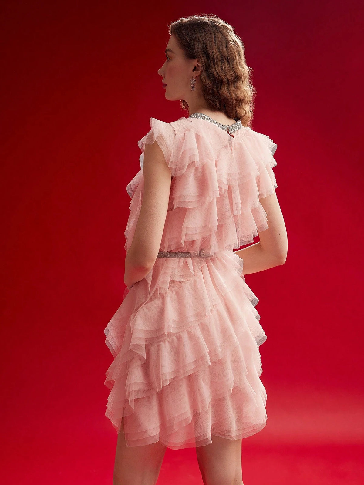 MOTF PREMIUM MESH RUFFLE TRIM CAP SLEEVE DRESS,VALENTINE'S DAY OUTFIT