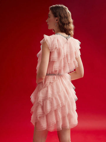 MOTF PREMIUM MESH RUFFLE TRIM CAP SLEEVE DRESS,VALENTINE'S DAY OUTFIT