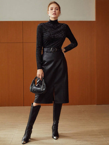 MOTF PREMIUM MESH STRIPED MOCK-NECK TOP