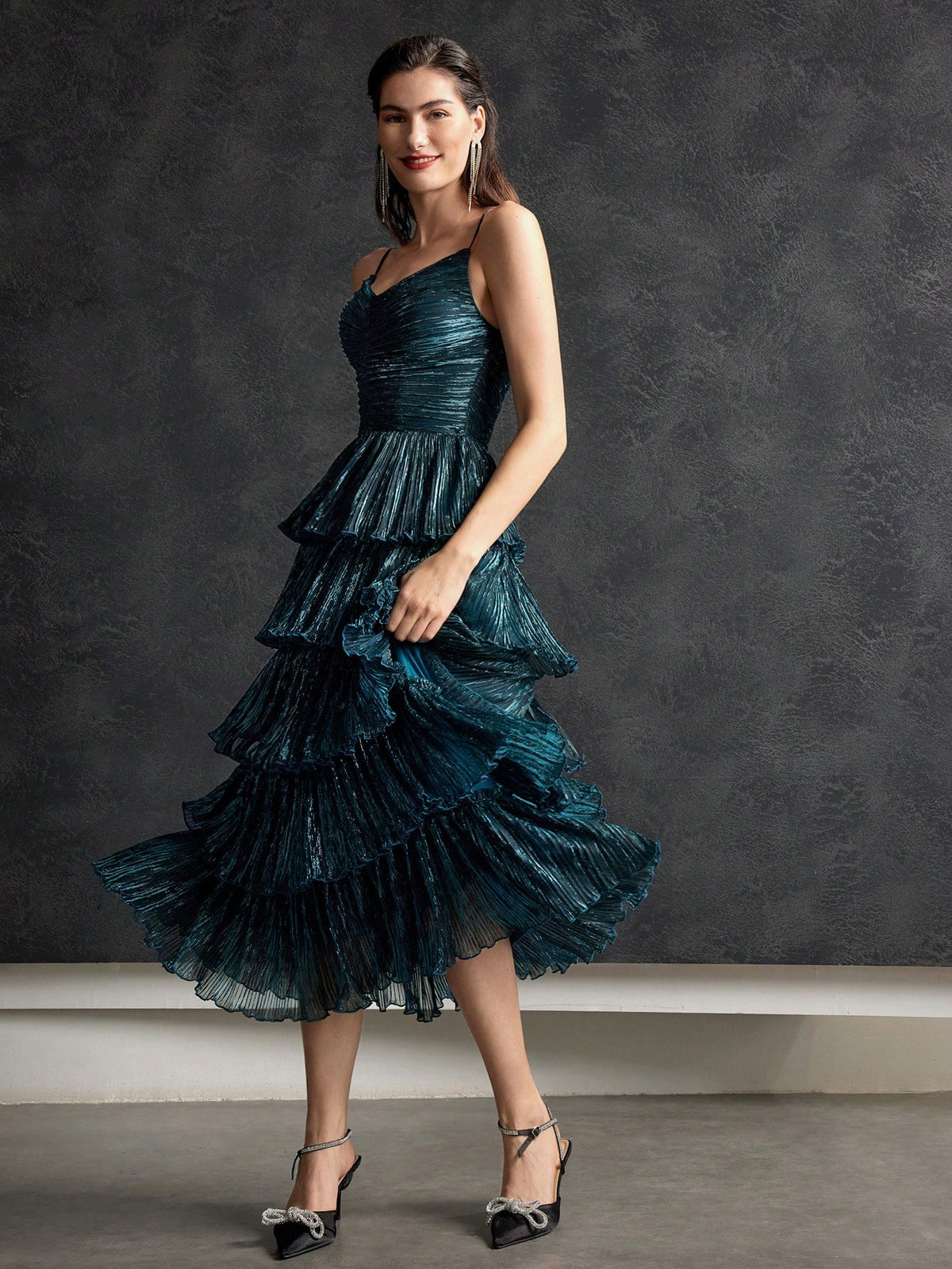 MOTF PREMIUM METALLIC PLISSE TIERED DRESS