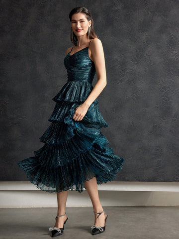 MOTF PREMIUM METALLIC PLISSE TIERED DRESS
