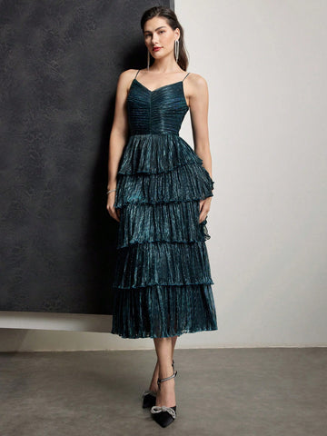 MOTF PREMIUM METALLIC PLISSE TIERED DRESS