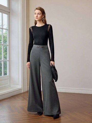 MOTF PREMIUM METAL BUCKLE DETAIL HIGH WAIST BAGGY WIDE LEG PANTS