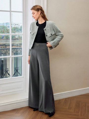 MOTF PREMIUM METAL BUCKLE DETAIL HIGH WAIST BAGGY WIDE LEG PANTS