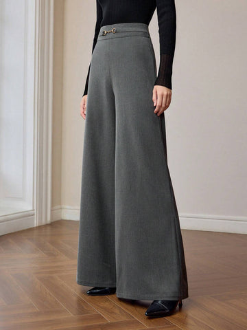MOTF PREMIUM METAL BUCKLE DETAIL HIGH WAIST BAGGY WIDE LEG PANTS