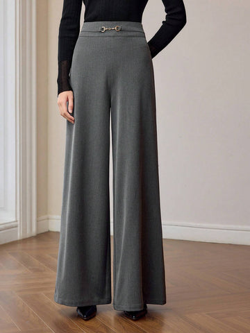 MOTF PREMIUM METAL BUCKLE DETAIL HIGH WAIST BAGGY WIDE LEG PANTS