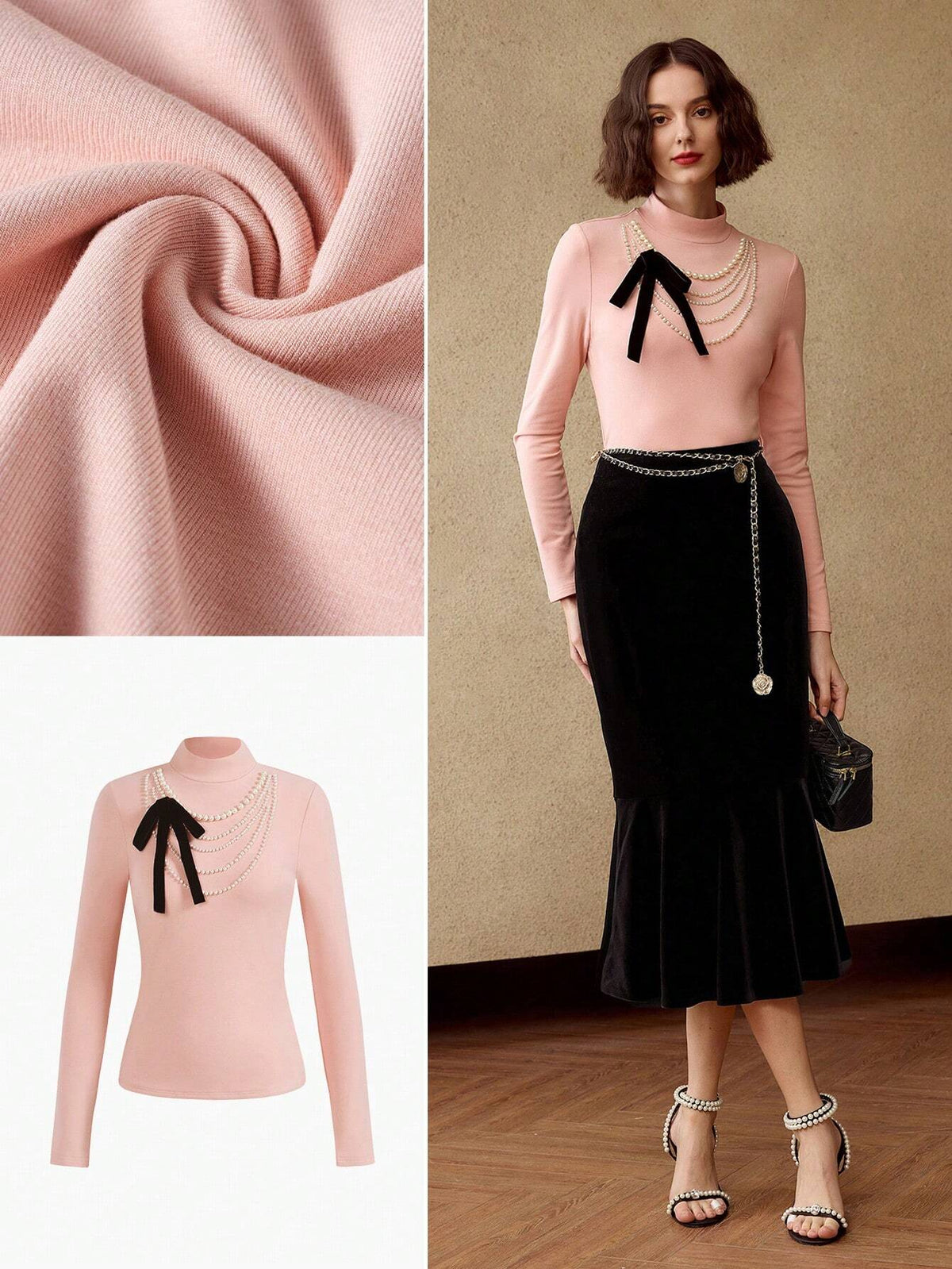 MOTF PREMIUM MOCK NECK FAUX PEARL CONTRAST BOW DETAIL SLIM FIT TEE