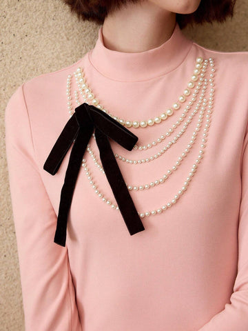 MOTF PREMIUM MOCK NECK FAUX PEARL CONTRAST BOW DETAIL SLIM FIT TEE