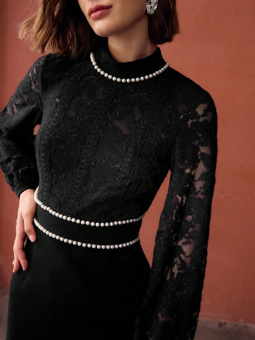 MOTF PREMIUM MOCK NECK FAUX PEARL DETAIL LACE BODICE LANTERN SLEEVE SHORT DRESS