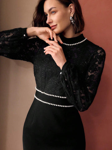 MOTF PREMIUM MOCK NECK FAUX PEARL DETAIL LACE BODICE LANTERN SLEEVE SHORT DRESS