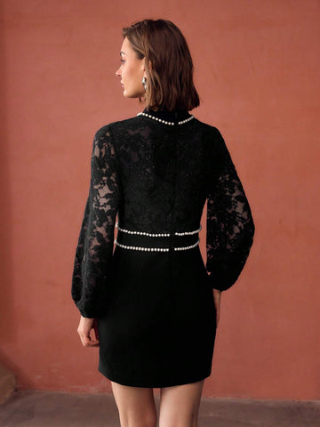 MOTF PREMIUM MOCK NECK FAUX PEARL DETAIL LACE BODICE LANTERN SLEEVE SHORT DRESS