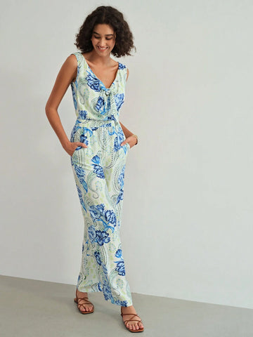 MOTF PREMIUM PAISLEY PRINT BOW FRONT SLANT POCKET JUMPSUIT