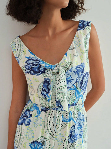 MOTF PREMIUM PAISLEY PRINT BOW FRONT SLANT POCKET JUMPSUIT