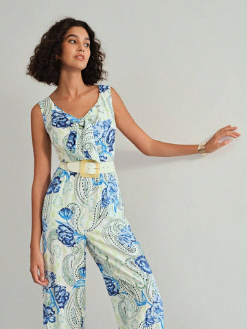 MOTF PREMIUM PAISLEY PRINT BOW FRONT SLANT POCKET JUMPSUIT