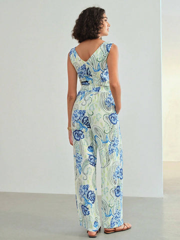 MOTF PREMIUM PAISLEY PRINT BOW FRONT SLANT POCKET JUMPSUIT