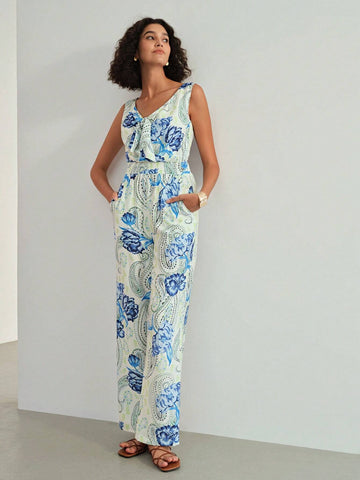 MOTF PREMIUM PAISLEY PRINT BOW FRONT SLANT POCKET JUMPSUIT