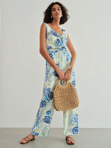 MOTF PREMIUM PAISLEY PRINT BOW FRONT SLANT POCKET JUMPSUIT