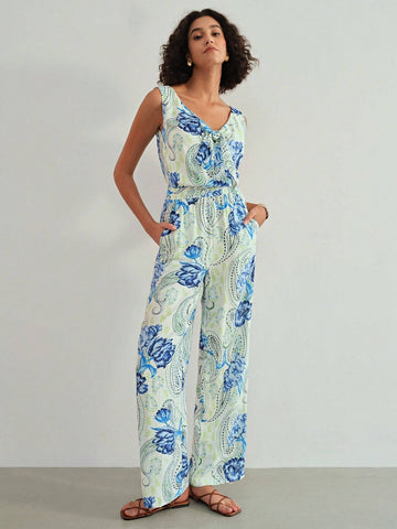 MOTF PREMIUM PAISLEY PRINT BOW FRONT SLANT POCKET JUMPSUIT