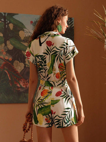 MOTF PREMIUM PLANTS PRINT BATWING SLEEVE BELTED ROMPER