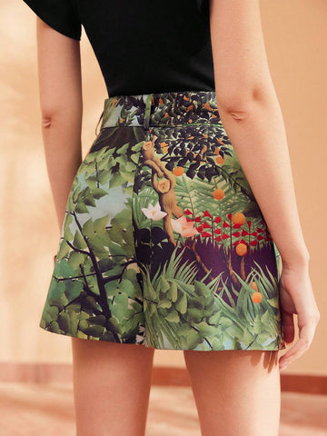 MOTF PREMIUM PLANTS PRINT BUCKLE BELTED SHORTS