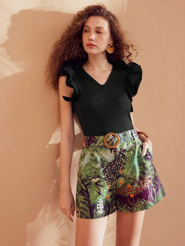MOTF PREMIUM PLANTS PRINT BUCKLE BELTED SHORTS