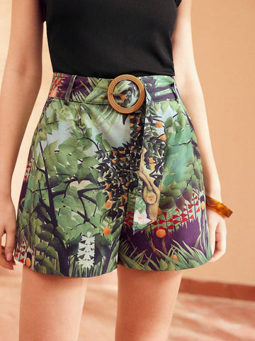 MOTF PREMIUM PLANTS PRINT BUCKLE BELTED SHORTS