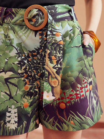 MOTF PREMIUM PLANTS PRINT BUCKLE BELTED SHORTS
