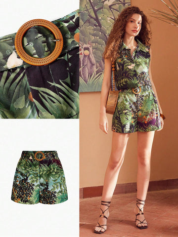 MOTF PREMIUM PLANTS PRINT BUCKLE BELTED SHORTS