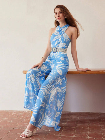 MOTF PREMIUM PLANTS PRINT CRISSCROSS HALTER NECK WIDE LEG JUMPSUIT
