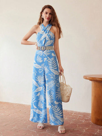 MOTF PREMIUM PLANTS PRINT CRISSCROSS HALTER NECK WIDE LEG JUMPSUIT