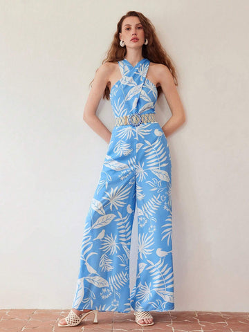 MOTF PREMIUM PLANTS PRINT CRISSCROSS HALTER NECK WIDE LEG JUMPSUIT